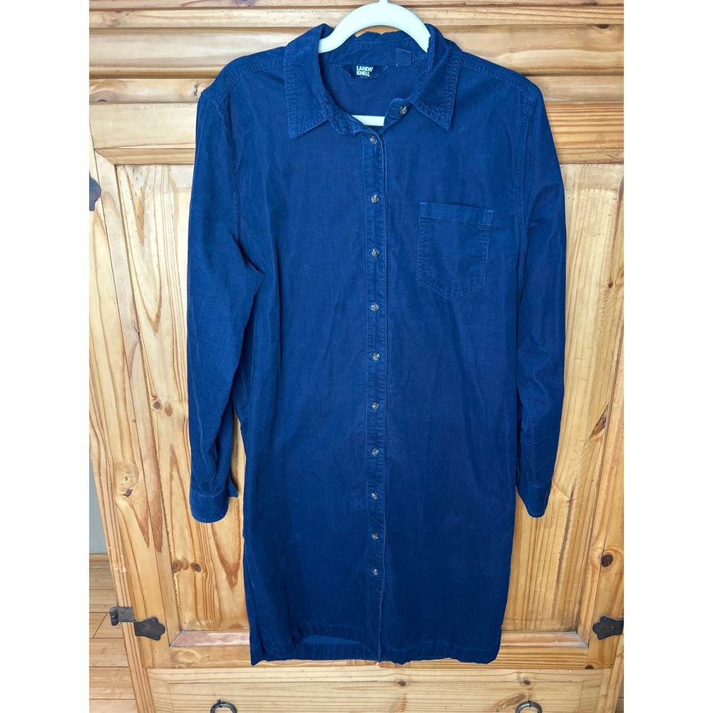 Lands End Womens Navy Blue Corduroy Button Front Roll Tab Sleeve Shirt Dress L